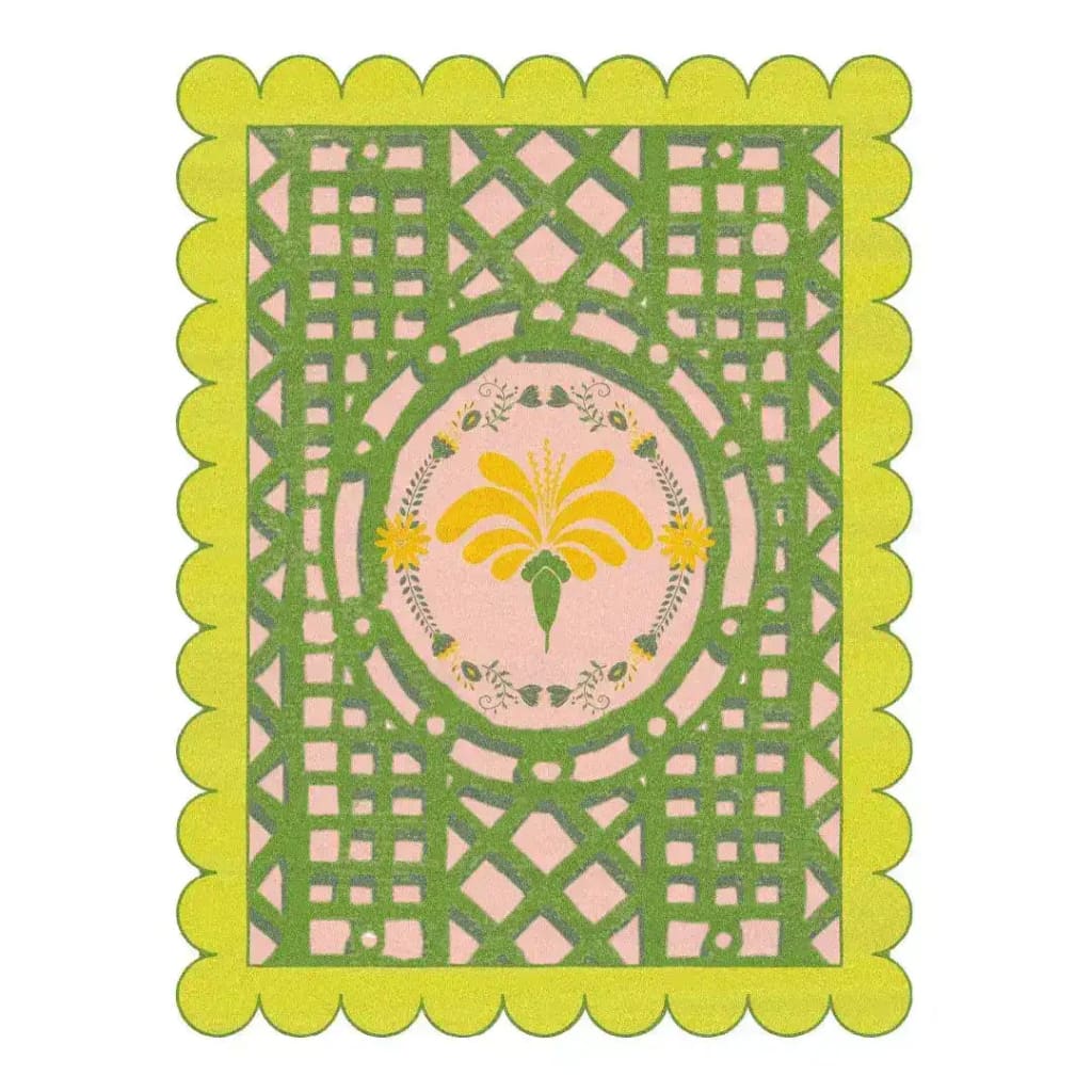 This image showcases the Scalloped Yellow Flower Mazed Hand Tufted Area Rug, perfect for adding a touch of elegance to your living room. The wool rug features a vibrant yellow floral design at its center, surrounded by intricate green lattice patterns. Its scalloped edges enhance its charm, making it an ideal 8x10 rug for living room spaces.