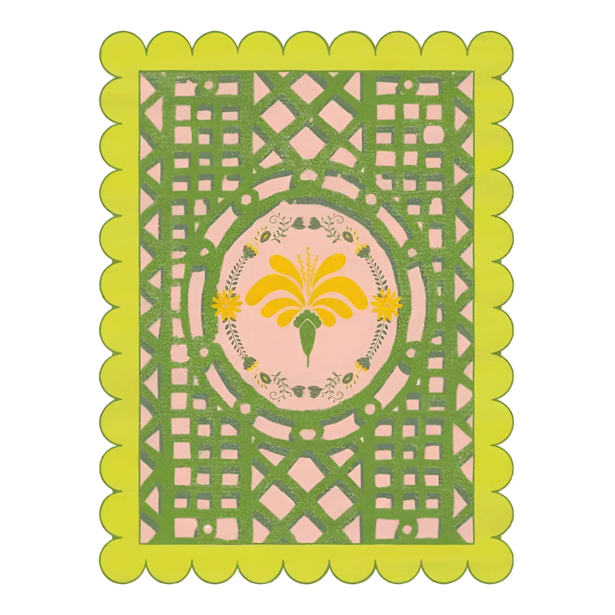 This image showcases the Scalloped Yellow Flower Mazed Hand Tufted Area Rug, perfect for adding a touch of elegance to your living room. The wool rug features a vibrant yellow floral design at its center, surrounded by intricate green lattice patterns. Its scalloped edges enhance its charm, making it an ideal 8x10 rug for living room spaces.