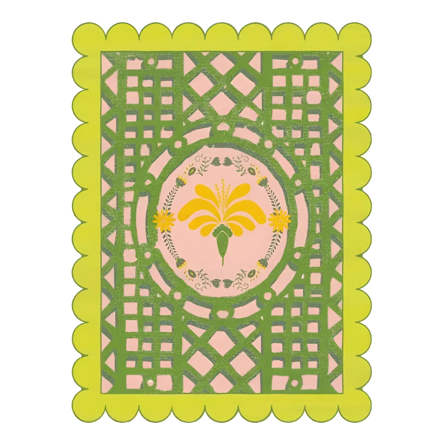 This image showcases the Scalloped Yellow Flower Mazed Hand Tufted Area Rug, perfect for adding a touch of elegance to your living room. The wool rug features a vibrant yellow floral design at its center, surrounded by intricate green lattice patterns. Its scalloped edges enhance its charm, making it an ideal 8x10 rug for living room spaces.