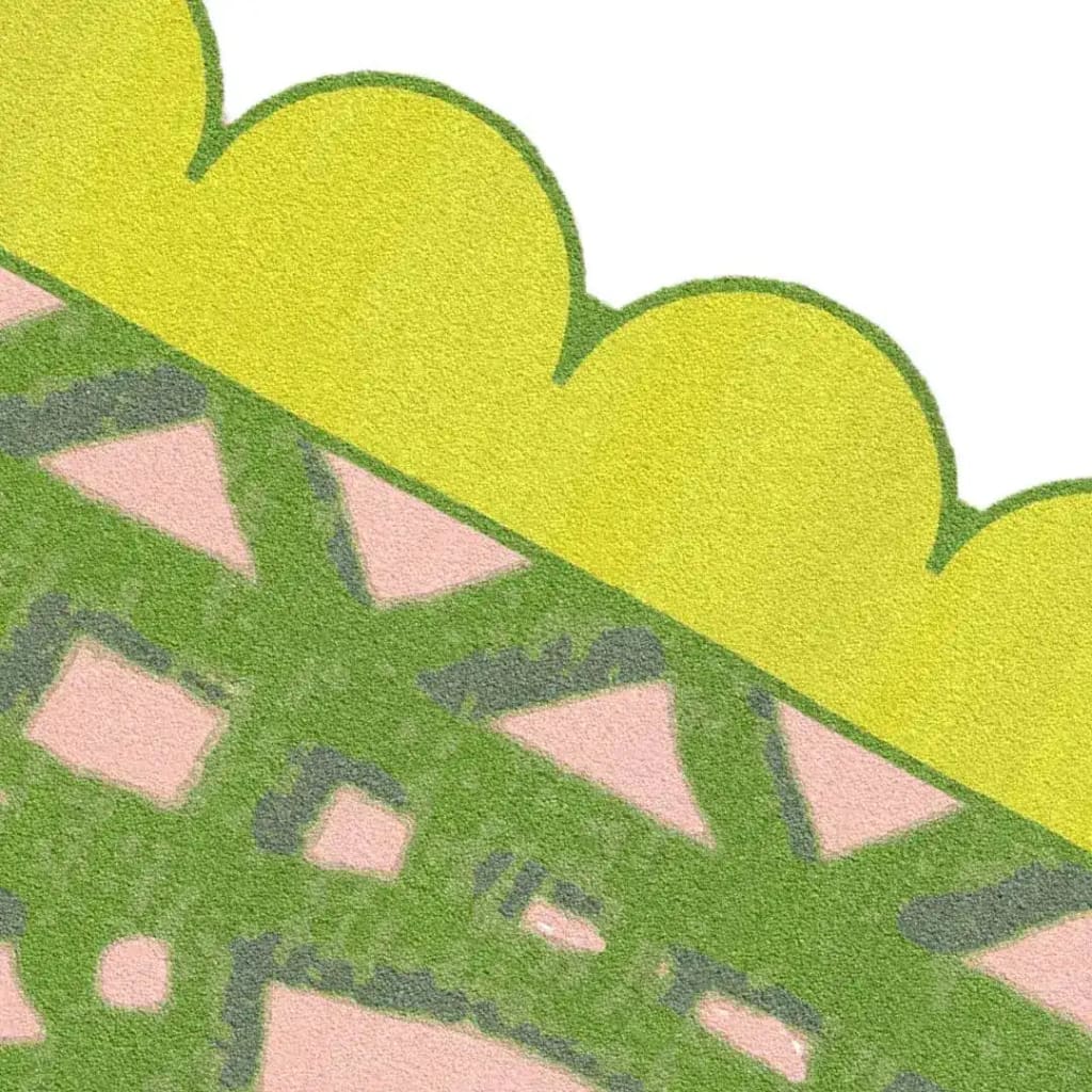 Close-up view of the Scalloped Yellow Flower Mazed Hand Tufted Area Rug, showcasing its intricate pattern with green and pink geometric shapes and yellow scalloped border. Perfect wool rug choice for living room spaces, available in 8x10 size.