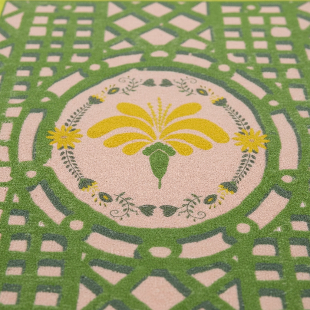 Decorative rug with floral design and geometric border