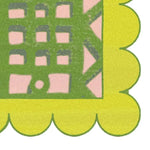 Close-up of a Scalloped Yellow Flower Mazed Hand Tufted Area Rug, showcasing a vibrant geometric pattern with a green and pink maze design. This wool rug is perfect for adding a pop of color to your living room. Ideal for spaces requiring living room rugs 8x10.