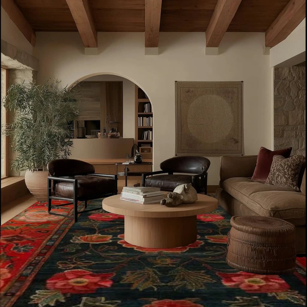 A stylish living room featuring the Scarlet Blossom Heritage Hand Tufted Area Rug. This vibrant floral rug adds a splash of color with its intricate red and green patterns, perfectly complementing the elegant leather chairs and wooden coffee table. Ideal for both dining room and living room settings, this wool rug enhances any space with its luxurious texture and classic design.
