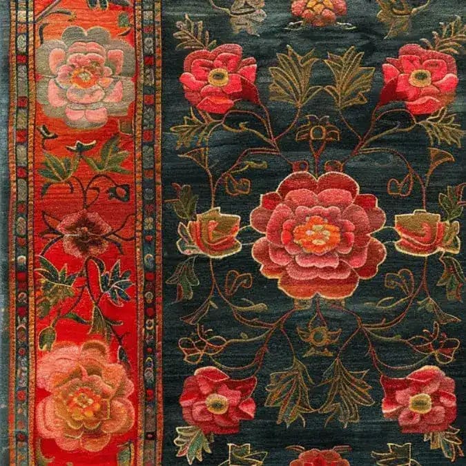 Close-up of the Scarlet Blossom Heritage Hand Tufted Area Rug showcasing intricate floral patterns in vibrant red and pink hues against a rich dark background. Perfect for adding elegance to dining room carpets or as a wool rug in living room and dining room spaces.