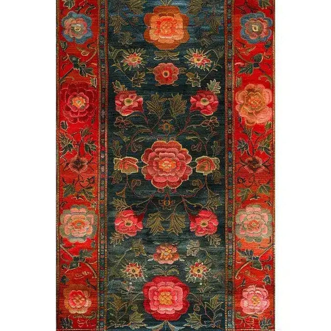 A stunning Scarlet Blossom Heritage Hand Tufted Area Rug featuring vibrant floral patterns in rich reds and greens, perfect for enhancing the elegance of your dining room or living room. This wool rug adds a touch of timeless beauty to dining room carpets and living room and dining room rugs collection.
