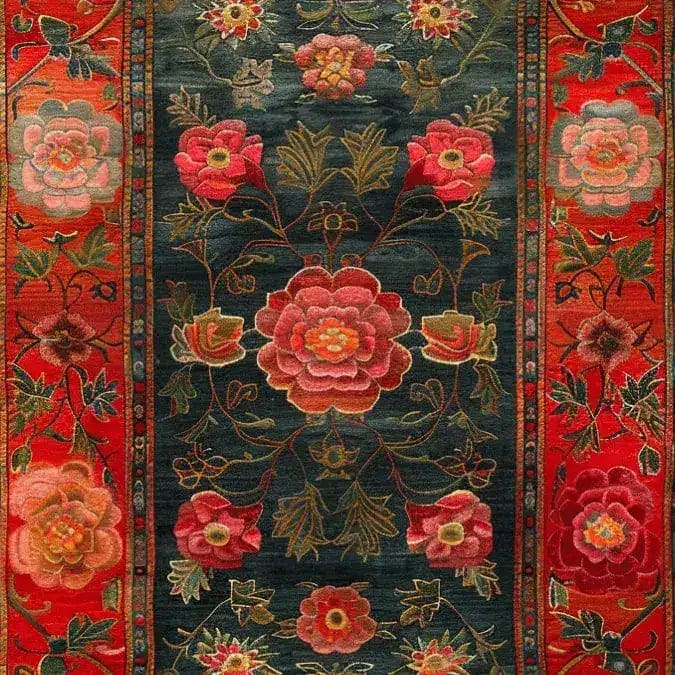 This Scarlet Blossom Heritage Hand Tufted Area Rug features a vibrant floral design with rich red and green hues, perfect for elevating the look of a dining room or living room. The wool rug showcases intricate flower patterns, making it an ideal choice for those seeking elegant dining room carpets or living room and dining room rugs.