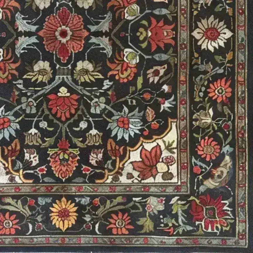The Scarlet Grove Hand Knotted Area Rug showcases a vintage floral design with intricate patterns in rich, earthy tones. Perfect for adding a touch of elegance to your living room, this 8x10 Persian-style rug blends traditional artistry with modern appeal.