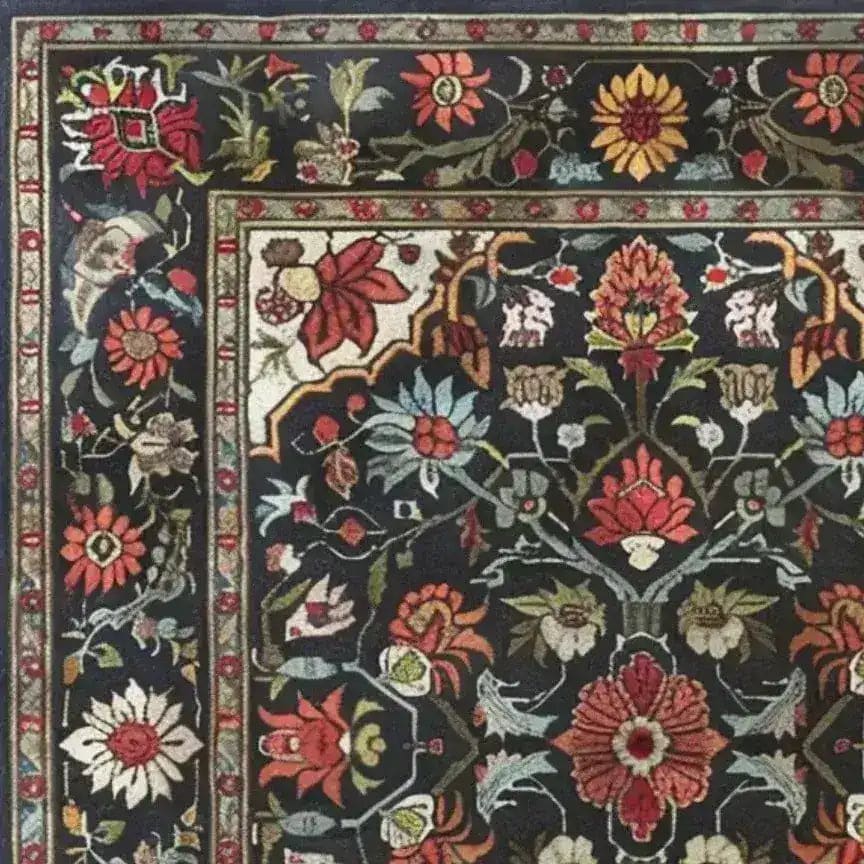 A beautifully detailed Scarlet Grove Hand Knotted Area Rug featuring an intricate floral design with vibrant red, orange, and yellow flowers on a dark background. Ideal for adding a vintage touch to your living room, this 8x10 Persian-inspired rug showcases the elegance of traditional living room area rugs.