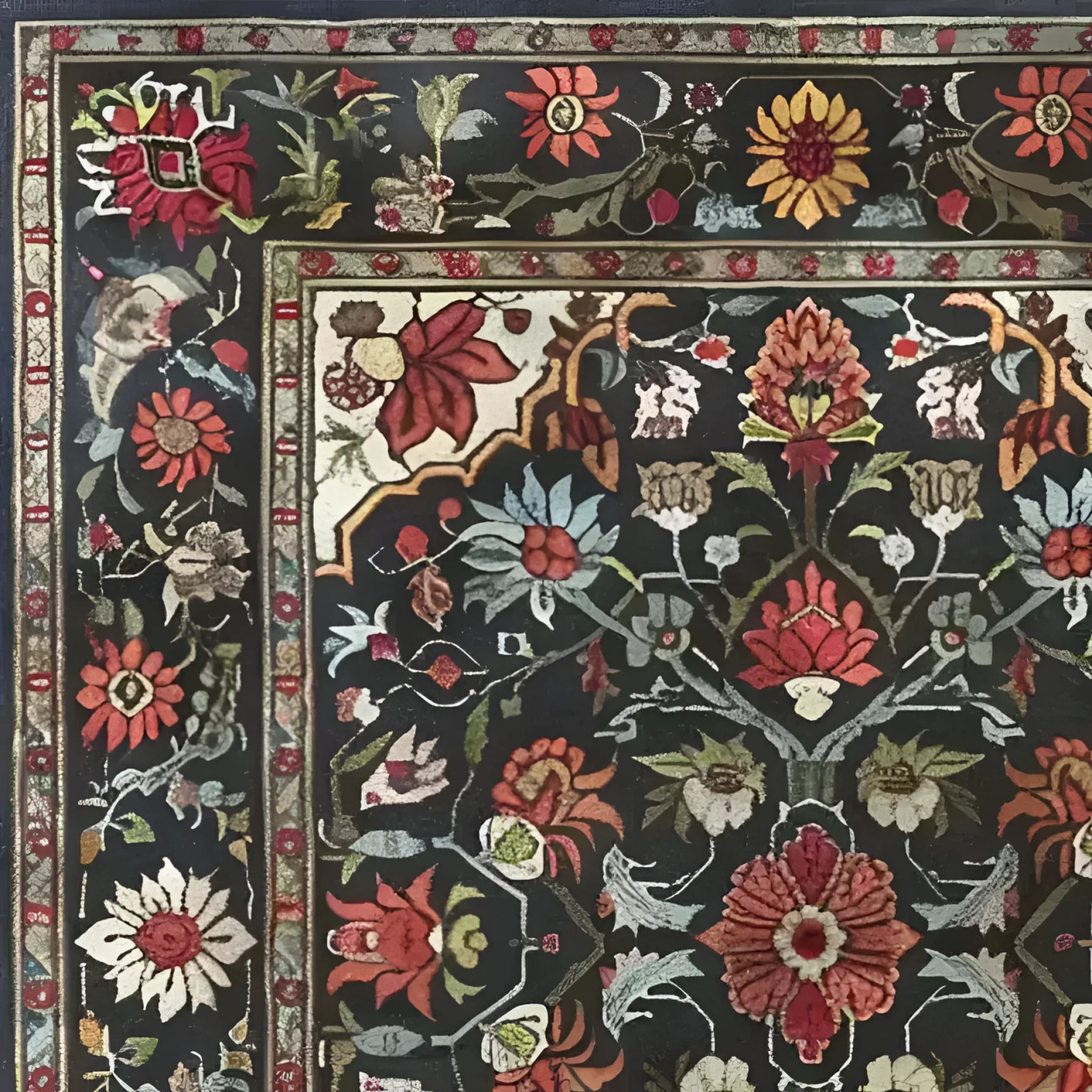 A beautifully detailed Scarlet Grove Hand Knotted Area Rug featuring an intricate floral design with vibrant red, orange, and yellow flowers on a dark background. Ideal for adding a vintage touch to your living room, this 8x10 Persian-inspired rug showcases the elegance of traditional living room area rugs.