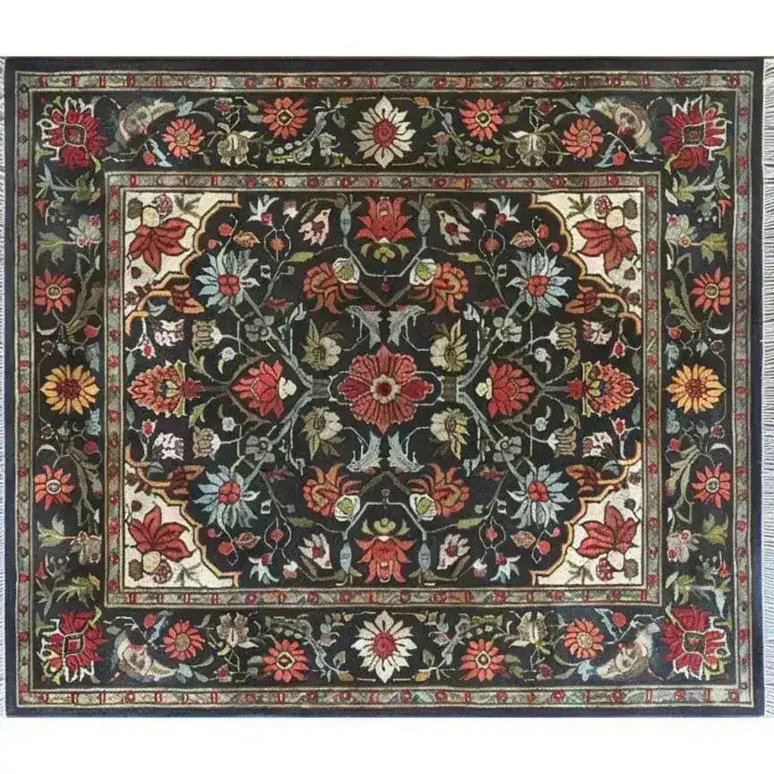 The Scarlet Grove Hand Knotted Area Rug showcases a stunning floral design with vibrant colors, perfect for enhancing any living room decor. This vintage-inspired Persian rug, sized 8x10, features intricate patterns that bring elegance and warmth to your home.