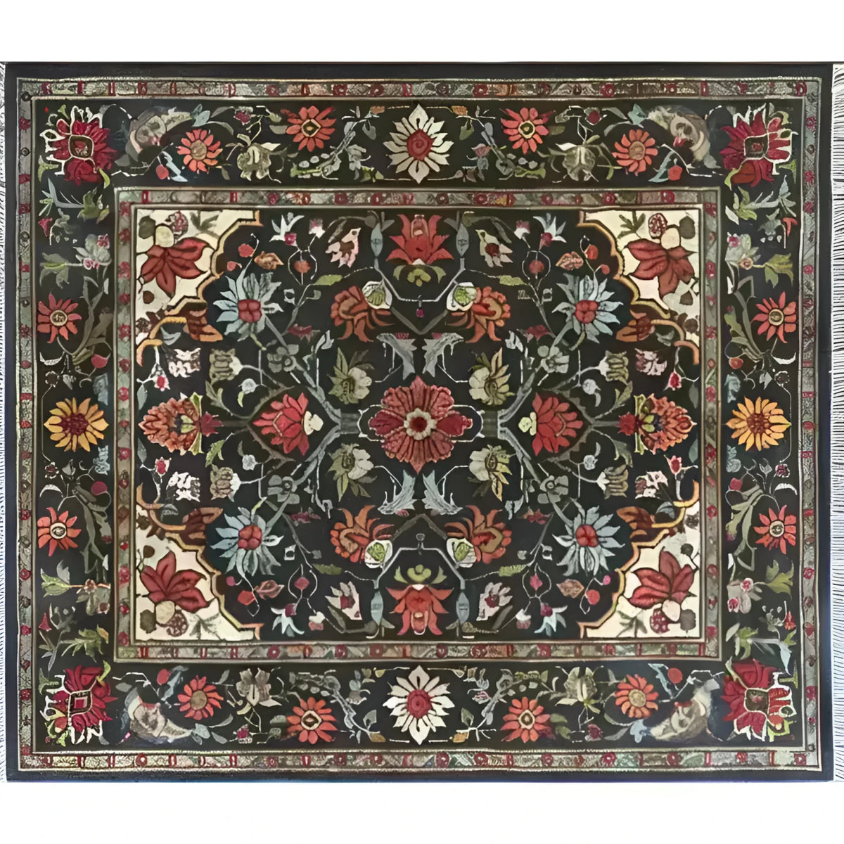 The Scarlet Grove Hand Knotted Area Rug showcases a stunning floral design with vibrant colors, perfect for enhancing any living room decor. This vintage-inspired Persian rug, sized 8x10, features intricate patterns that bring elegance and warmth to your home.