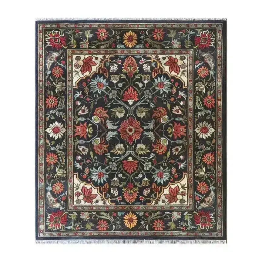 The Scarlet Grove Hand Knotted Area Rug features an intricate floral design, reminiscent of vintage Persian rugs. Perfect for adding elegance to any living room, this 8x10 rug showcases vibrant red, blue, and beige hues, blending traditional and modern aesthetics for a stunning centerpiece.