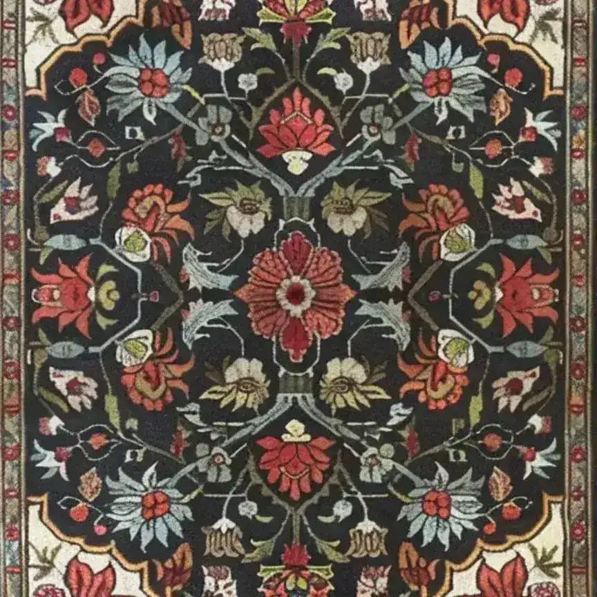 The Scarlet Grove Hand Knotted Area Rug showcases an intricate floral design with rich colors, perfect for enhancing your living room decor. This vintage rug, reminiscent of Persian rugs, comes in an 8x10 size, making it an ideal choice for those seeking elegant living room area rugs.