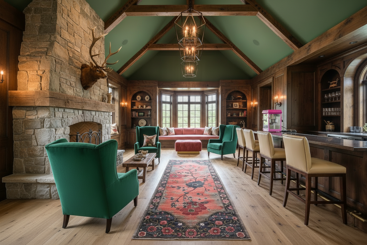 Luxurious living room with floral runner rug, stone fireplace, teal armchair, and wooden beams.