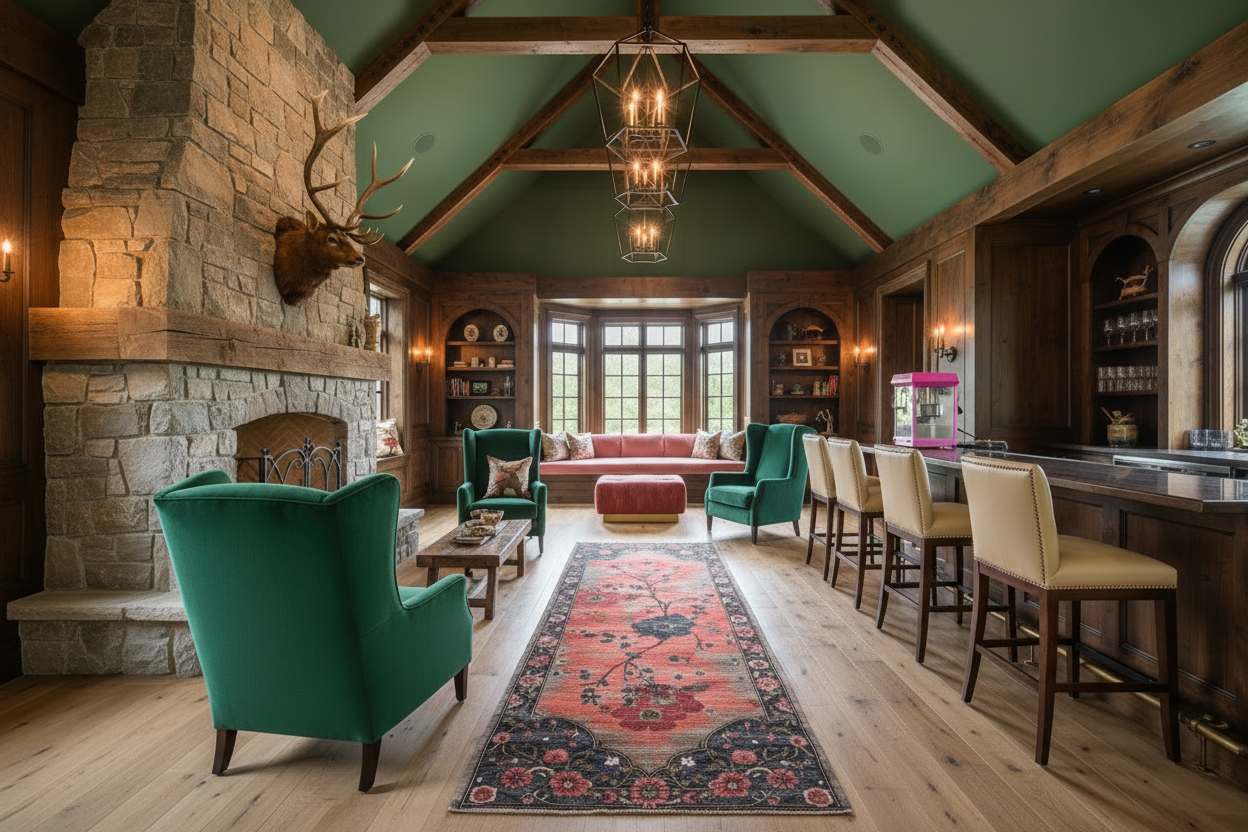 Luxurious living room with floral runner rug, stone fireplace, teal armchair, and wooden beams.