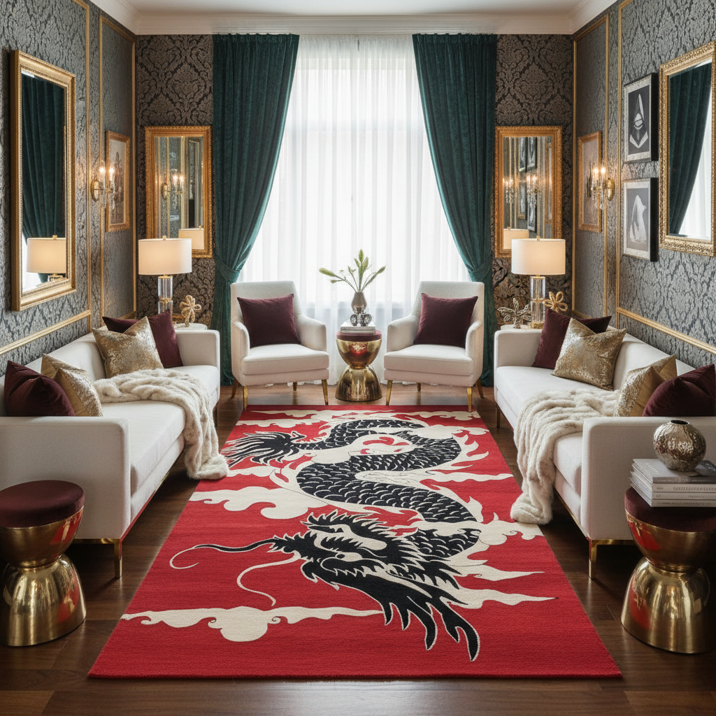 Scarlet Nightfire Dragon Hand Tufted Rug