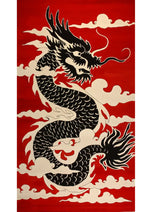 Vibrant Scarlet Nightfire Dragon hand-tufted wool area rug, featuring a striking black dragon design on a bold red background, ideal for adding a touch of elegance to any bedroom. Perfect for those seeking large bedroom area rugs that blend art with comfort.