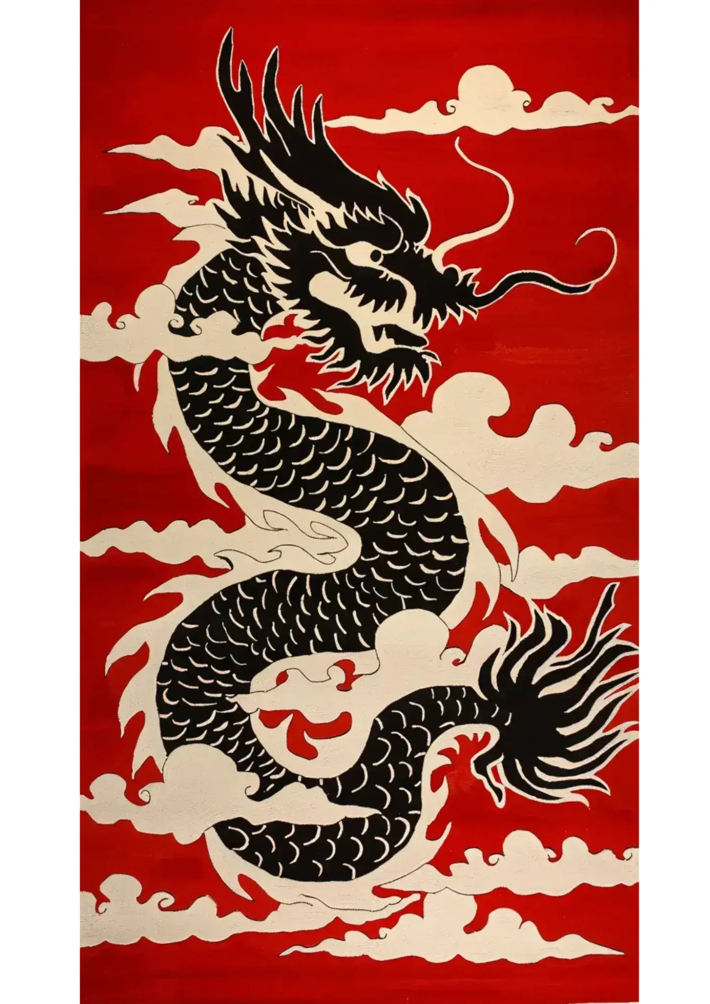 Vibrant Scarlet Nightfire Dragon hand-tufted wool area rug, featuring a striking black dragon design on a bold red background, ideal for adding a touch of elegance to any bedroom. Perfect for those seeking large bedroom area rugs that blend art with comfort.