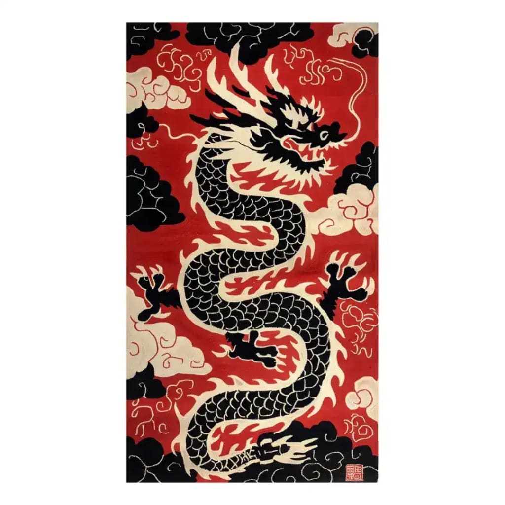 Vibrant Scarlet Shadow Dragon Hand Tufted Rug featuring a bold dragon design in black and white against a rich red background. This large area rug is perfect for adding a dramatic touch to offices or living rooms. Made from high-quality wool, it's an ideal choice for those looking for stylish rugs for office spaces or large area rugs for the living room.