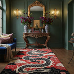 Vibrant Scarlet Shadow Dragon area rug, featuring an intricate black and white dragon design on a bold red background. Perfect for adding a statement to your office or living room, this large wool rug offers both style and comfort, ideal for those seeking unique rugs for office or large area rugs for living room decor.