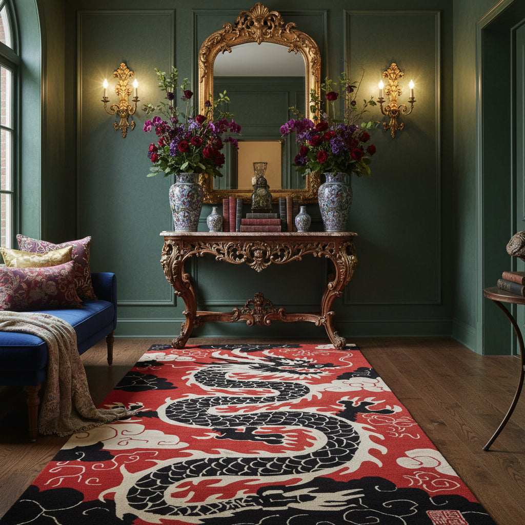 Vibrant Scarlet Shadow Dragon area rug, featuring an intricate black and white dragon design on a bold red background. Perfect for adding a statement to your office or living room, this large wool rug offers both style and comfort, ideal for those seeking unique rugs for office or large area rugs for living room decor.