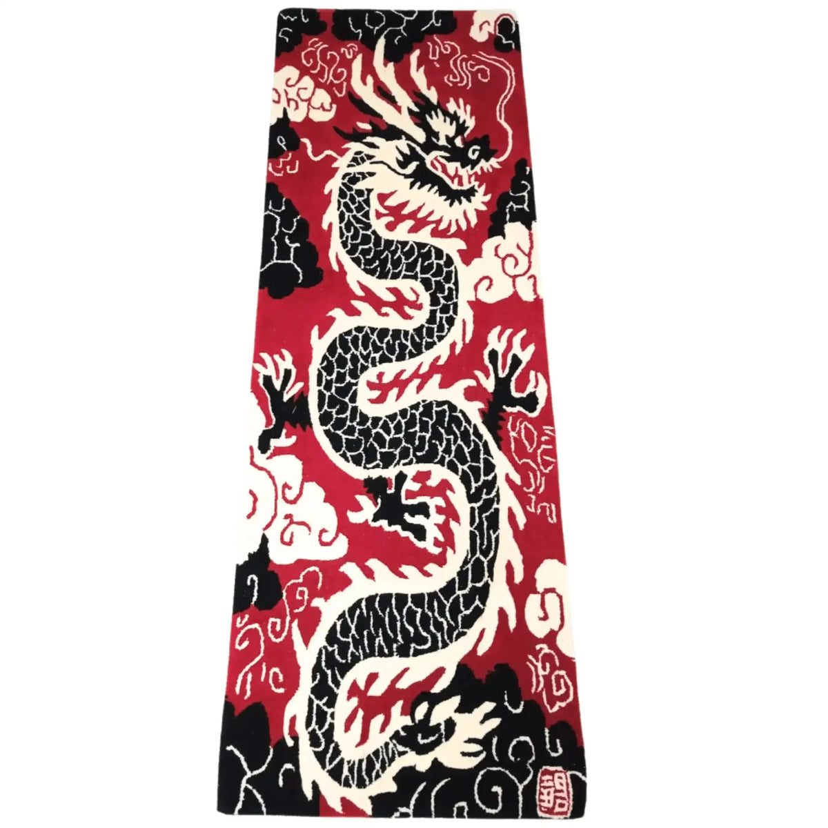 Vibrant Scarlet Shadow Dragon hand-tufted wool area rug featuring a striking dragon design in black and white against a bold red background, ideal for adding a dramatic flair to offices or living rooms. Perfect for those seeking large area rugs that make a statement.