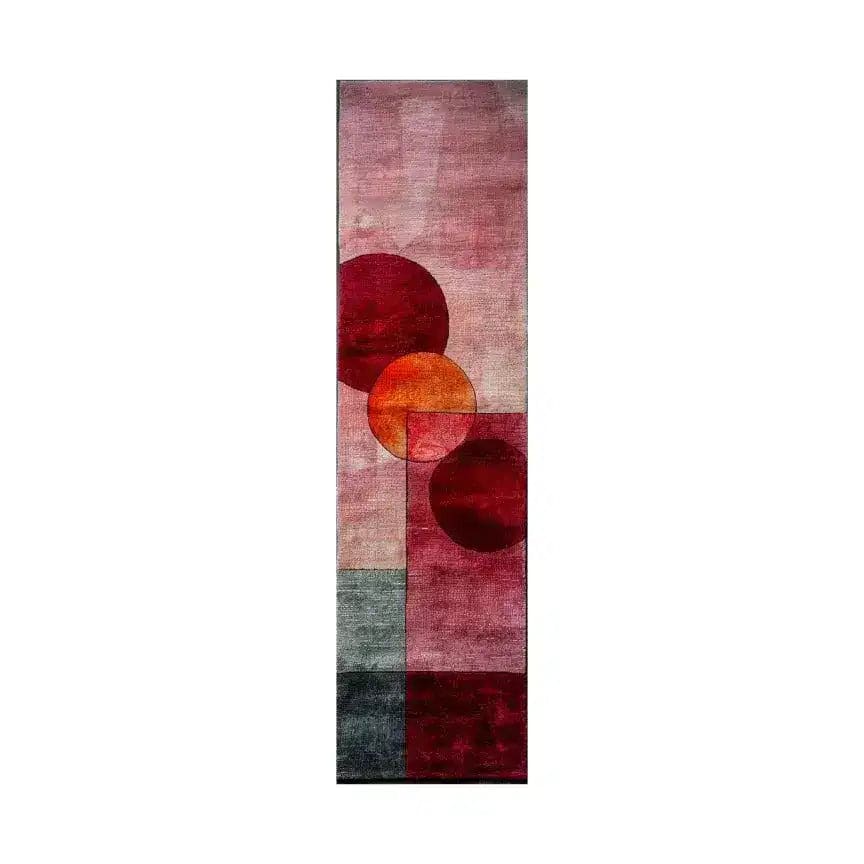 Stylish Scarlet Sphere Hand Tufted Wool Rug Runner featuring a contemporary design with overlapping circles in shades of red and orange on a soft gradient background. Perfect for enhancing kitchen rugs, hallway runner rug, bedroom area rugs, and rugs for living room with a modern touch.