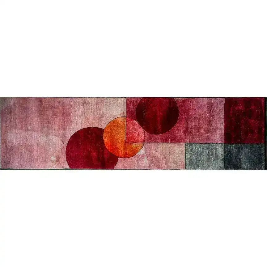 Scarlet Sphere Hand Tufted Wool Rug Runner featuring a modern abstract pattern with overlapping circles in shades of red and orange. This contemporary rug is ideal for adding a stylish touch to living rooms, bedrooms, kitchens, or hallways as a runner. Perfect for those looking for a unique area rug or wool rug to enhance their interior decor.