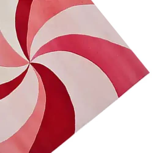 Top view of the Scarlet Spiral Hand Tufted Area Rug, perfect for a dining table or large living room. This contemporary wool rug features a bold, swirling design in shades of red and pink, ideal as a square area rug for modern spaces.