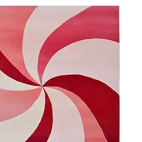 Top view of a Scarlet Spiral Hand Tufted Rug, showcasing a vibrant spiral design in shades of red and pink. This contemporary wool rug is perfect as a dining table rug or as a striking square area rug in a large living room or dining room. Ideal for adding a pop of color and modern flair to any space.