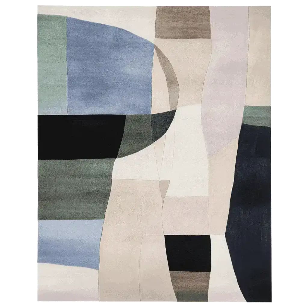 A beautifully designed area rug with an abstract pattern in soothing shades of blue, green, black, and beige. This contemporary wool rug offers a stylish and modern touch, perfect for enhancing area rugs for the living room.