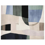 A contemporary area rug with an abstract design in soft hues of blue, green, beige, and black. This wool rug's artistic pattern adds a modern touch, making it ideal for enhancing the aesthetic of any living room.