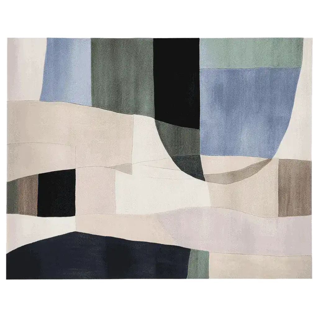 A contemporary area rug with an abstract design in soft hues of blue, green, beige, and black. This wool rug's artistic pattern adds a modern touch, making it ideal for enhancing the aesthetic of any living room.