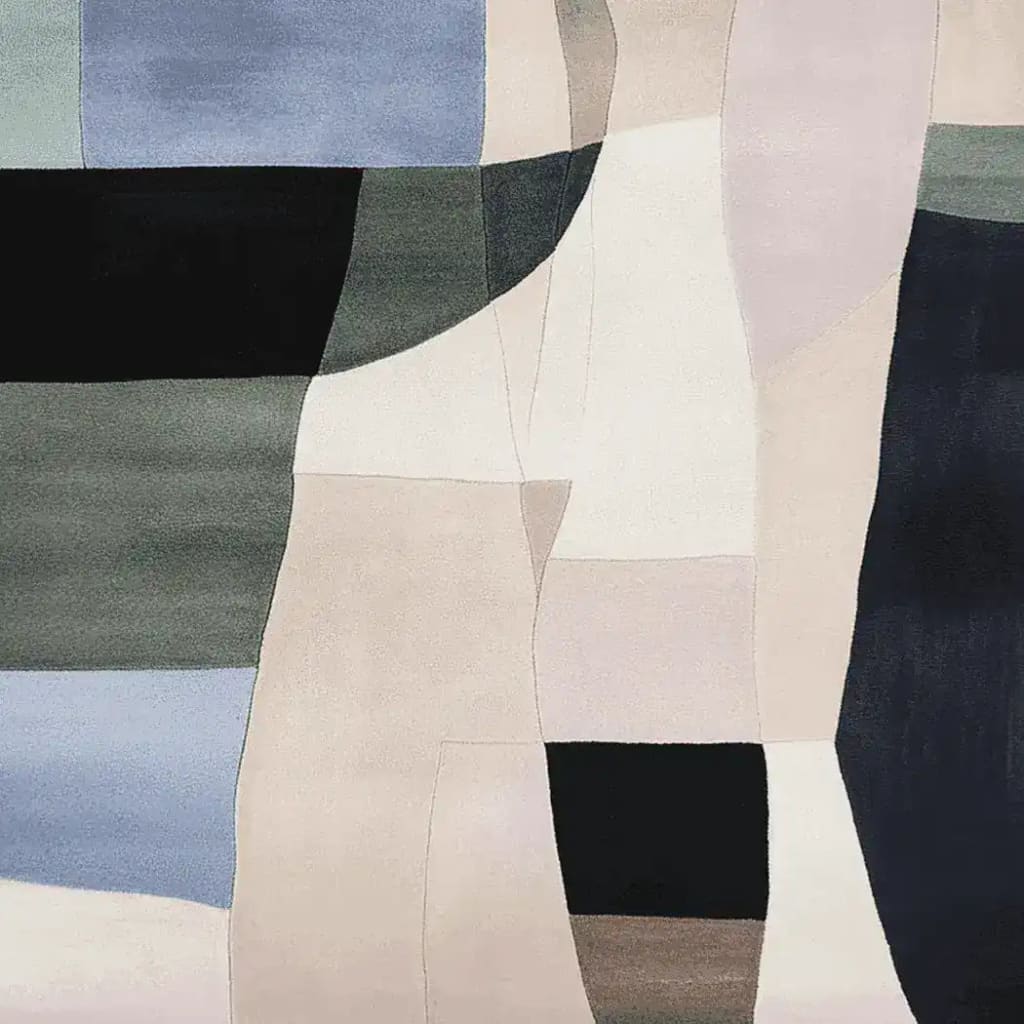 This is a detailed view of the Sculpted Haze Blocks Hand Tufted Rug, showcasing a patchwork of abstract geometric shapes. This contemporary wool area rug features a harmonious blend of soft beige, black, and blue tones, ideal for adding a modern touch to any living room space.