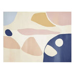 A contemporary wool area rug with abstract shapes in muted tones of blue, beige, and pink, perfect for adding a stylish touch to any living room. This large living room rug features a hand-tufted design, offering both comfort and modern flair.
