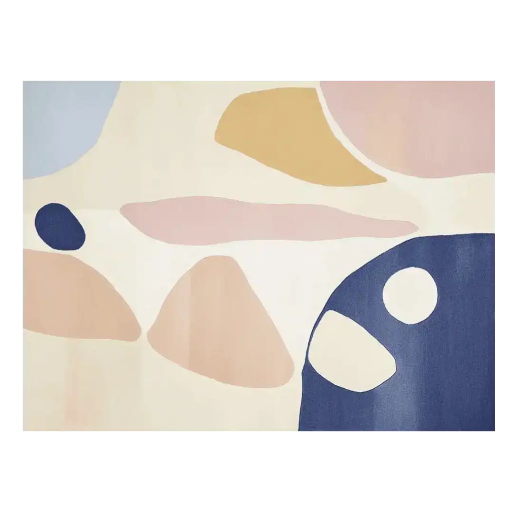 A contemporary wool area rug with abstract shapes in muted tones of blue, beige, and pink, perfect for adding a stylish touch to any living room. This large living room rug features a hand-tufted design, offering both comfort and modern flair.