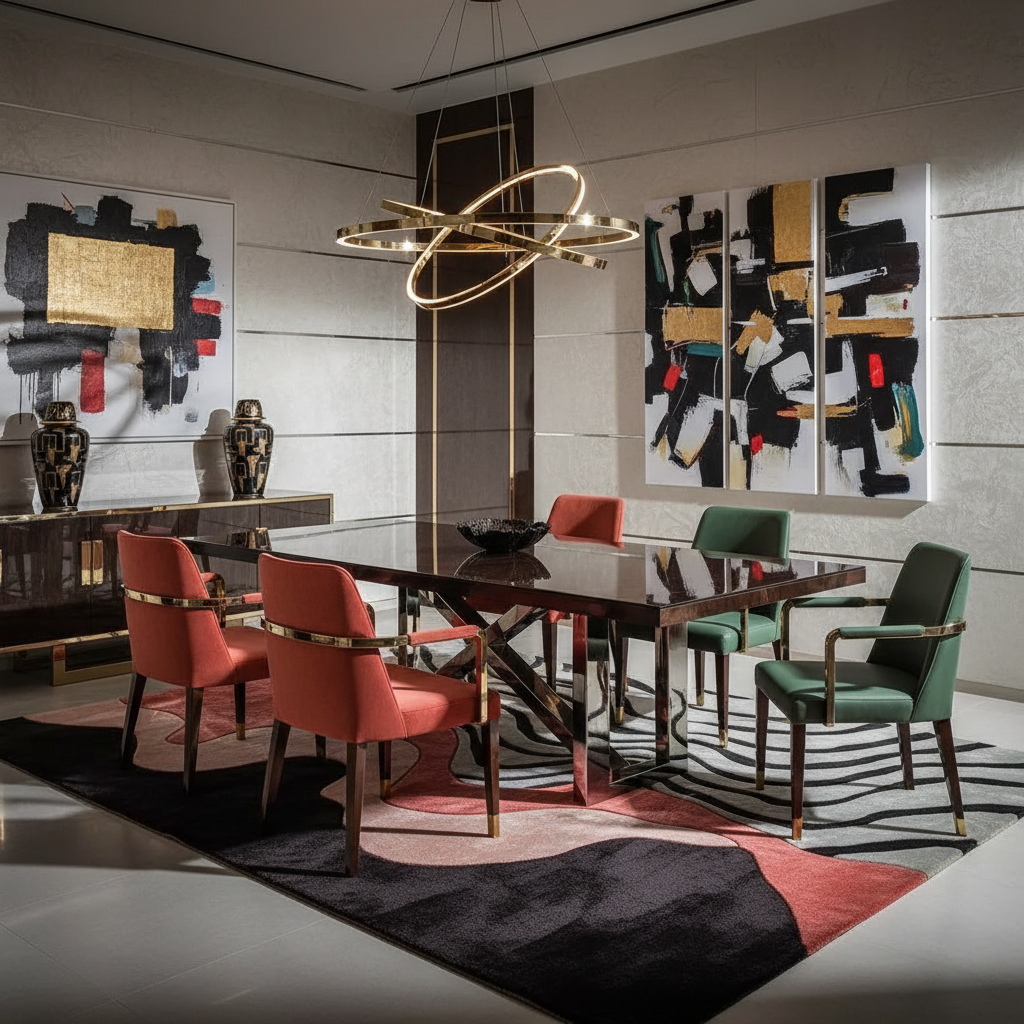sculptural hand tufted rug in dining room with abstract black and coral sections under dark wood table
