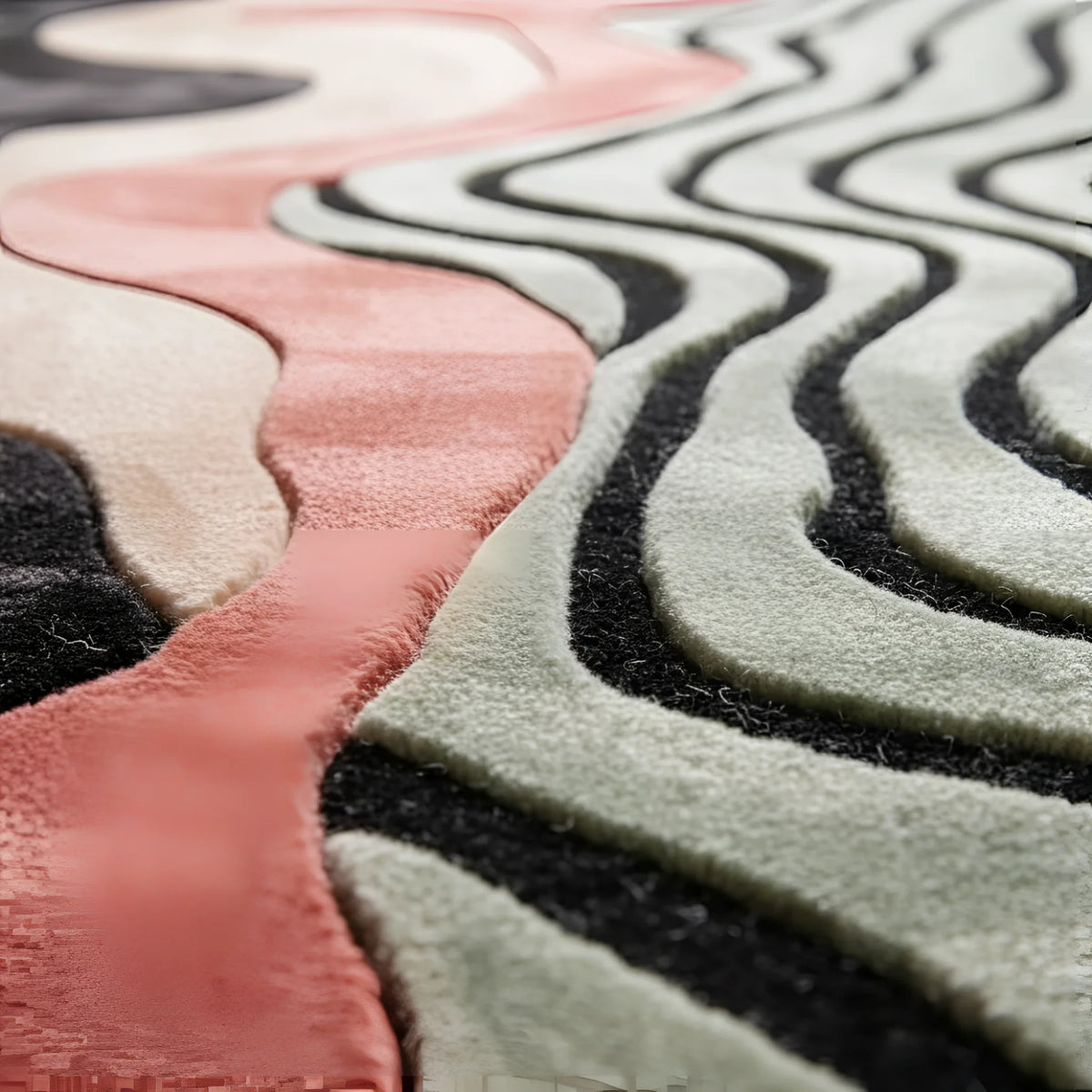 Close-up of a textured rug with wavy patterns in pink, gray, and black.