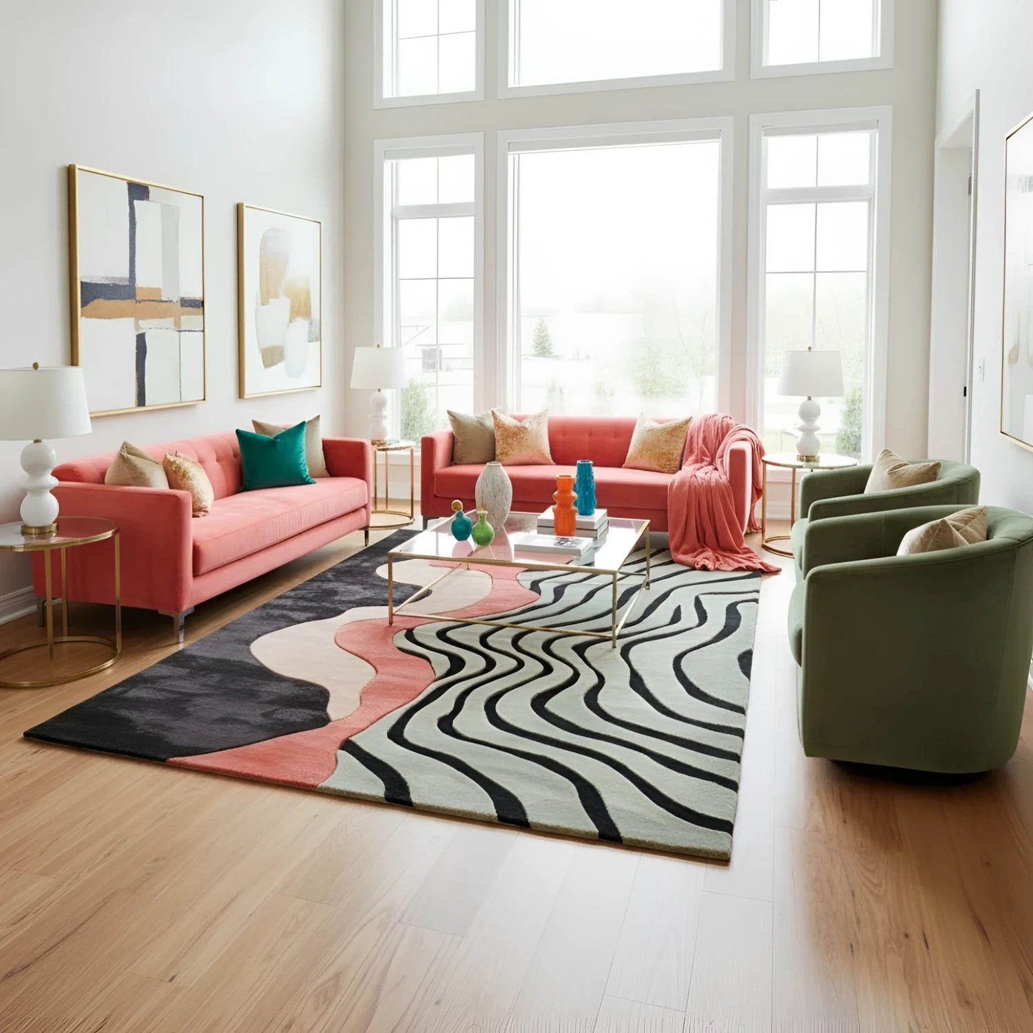 sculptural hand tufted rug with bold wavy black lines on cream ground, coral and charcoal sections in bright living room