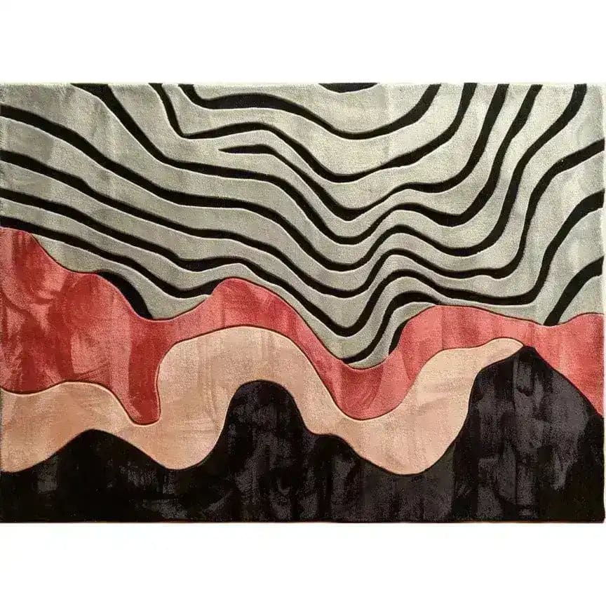 A contemporary wool area rug featuring an abstract design with wavy, flowing lines in shades of black, pink, and beige, ideal for adding a modern touch to a bedroom or living room. This sculptural hand-tufted rug offers a unique artistic flair, perfect for those seeking stylish bedroom area rugs.