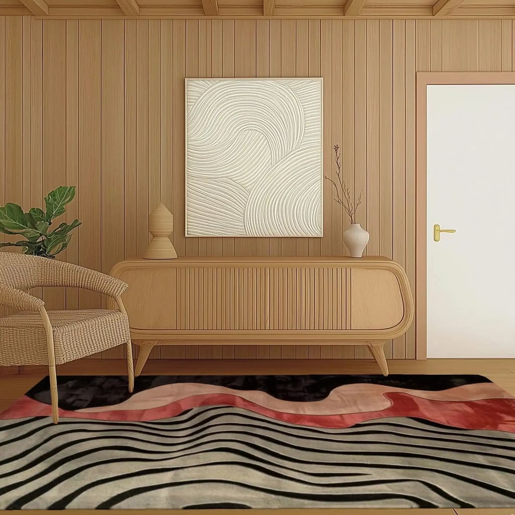 Stylish area rug featured in a contemporary living room setting. The wool rug showcases an abstract design with waves of black, gray, and red, complementing the wooden furniture and neutral decor. An ideal choice for bedroom area rugs or as a focal point in the living room.