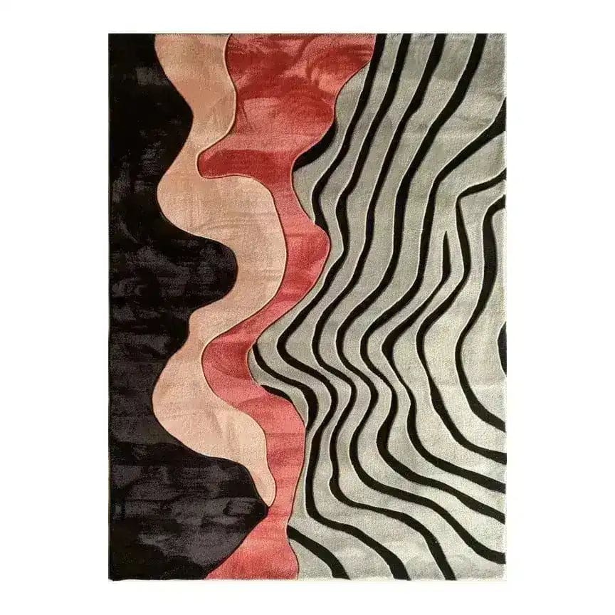 Top view of a sculptural hand tufted area rug featuring an abstract design with wavy patterns and bold colors. This contemporary rug is perfect for adding a touch of modern elegance to your bedroom or living room. Made from high-quality wool, it is ideal for use as a bedroom area rug, enhancing the cozy feel of your space.