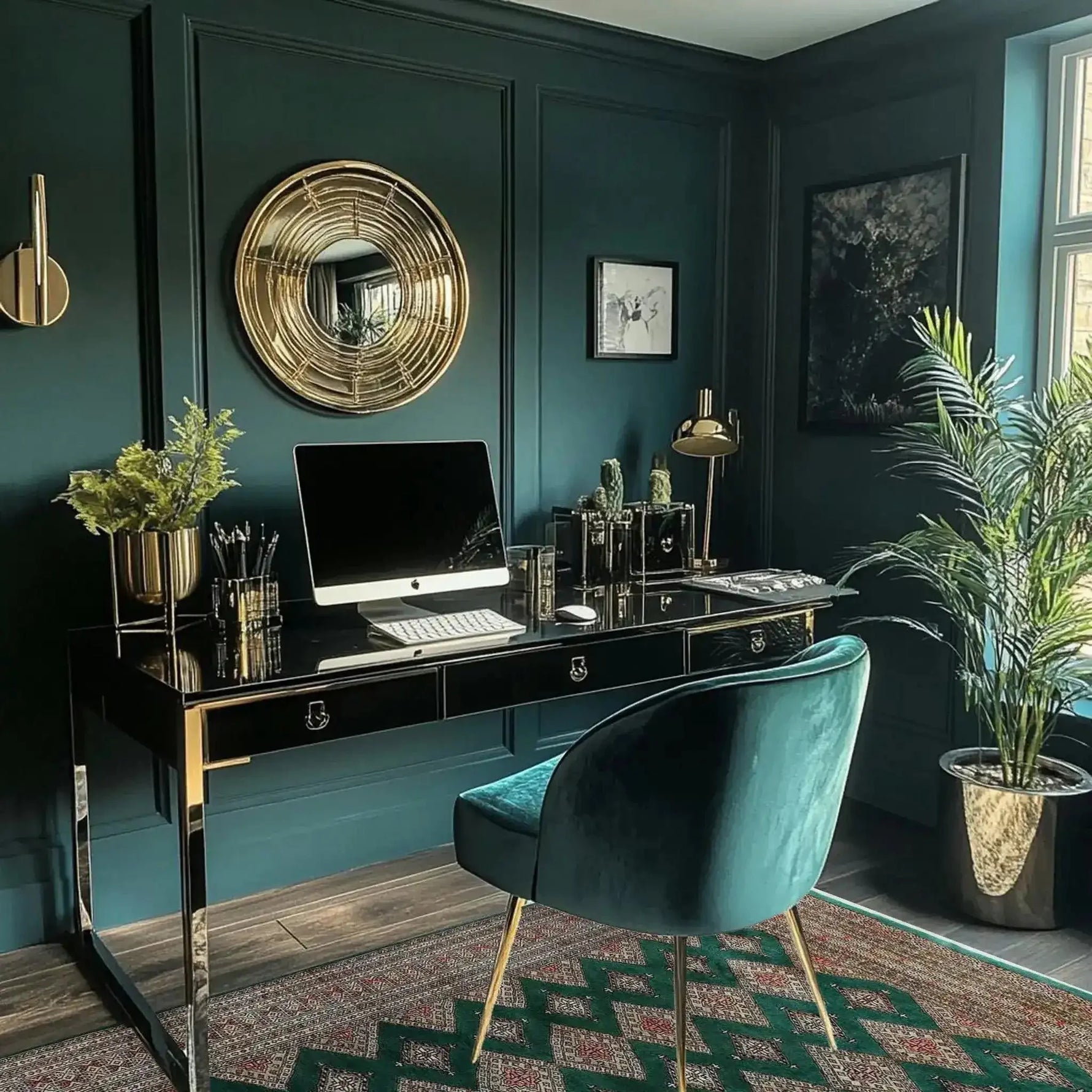Stylish home office featuring a Sea Green Sarong Hand Knotted Area Rug, perfect for large living rooms. The rug complements the elegant teal and gold decor, with a modern desk and plush chair.
