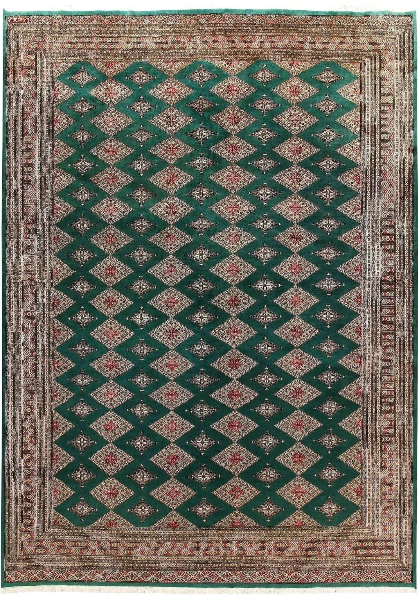 This stunning Sea Green Sarong Hand Knotted Area Rug showcases an intricate geometric pattern, ideal for large living room spaces. The harmonious blend of green and earthy tones adds a touch of elegance and warmth to your home decor.