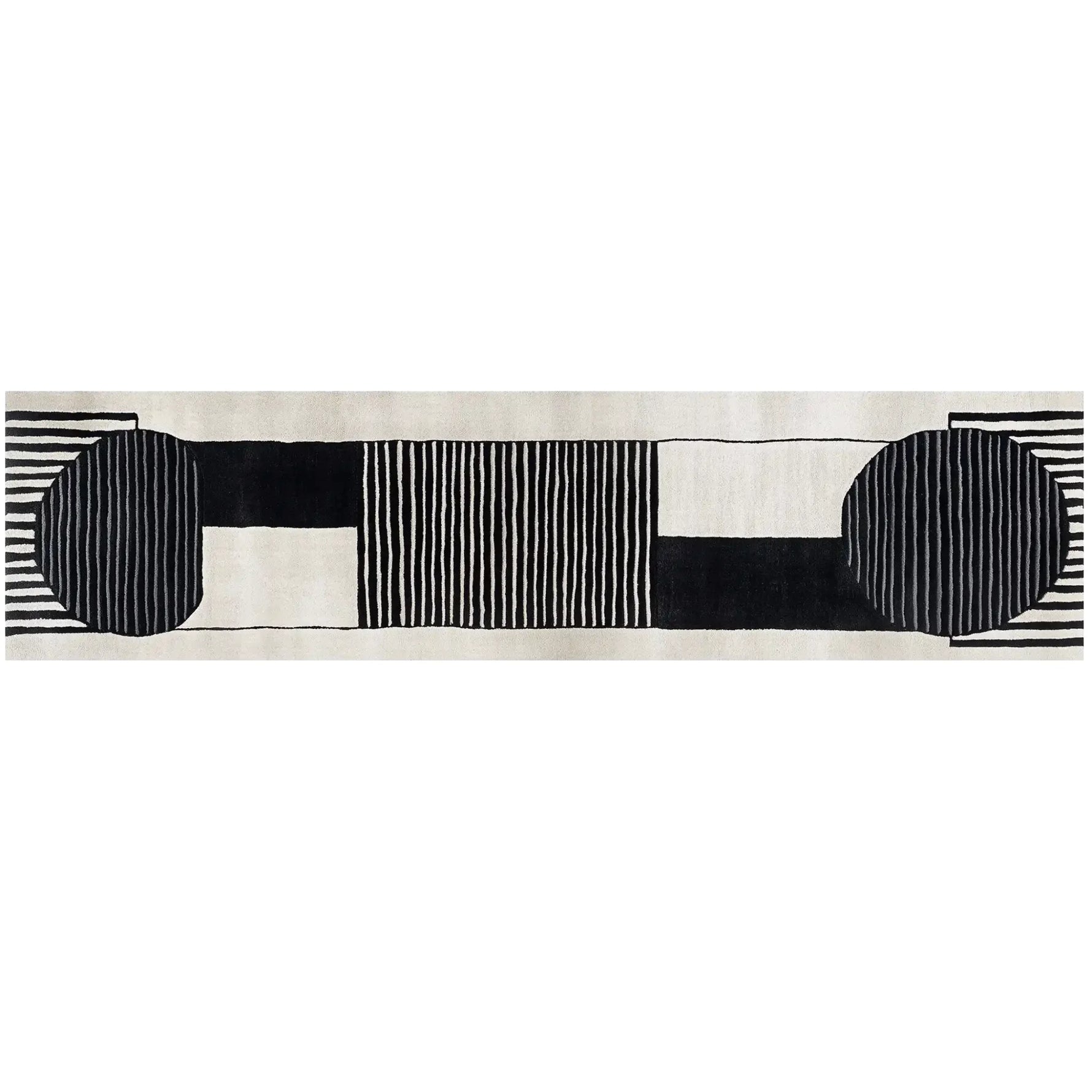 Stylish contemporary runner rug in a striking black and white geometric pattern, perfect for adding a modern touch to kitchens or hallways. This hand-tufted wool rug, ideal as a kitchen runner rug or bathroom runner rug, features bold stripes and circular designs, making it a standout piece for any space.