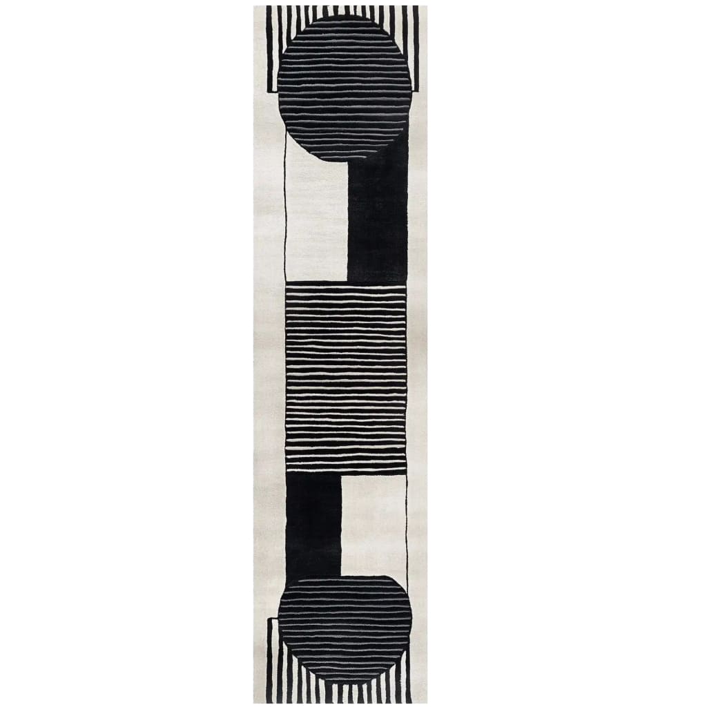 A top view of the Sea Murmur Hand Tufted Wool Runner Rug, featuring a contemporary black and white geometric design. Perfect for use as a kitchen rug, hallway runner, or bathroom runner rug, this elegant wool rug adds a touch of modern style to any space.