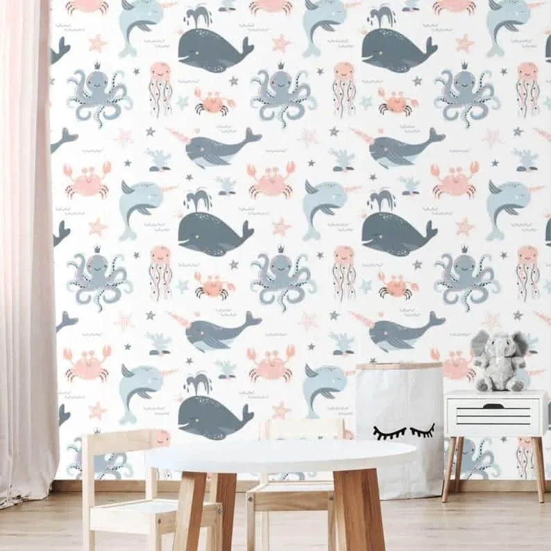 Sea Narwhal Whale and Undersea World Nursery Wallpaper Mural