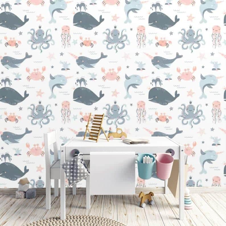 Sea Narwhal Whale and Undersea World Nursery Wallpaper Mural Sea Narwhal Whale and Undersea World Nursery Wallpaper Mural 