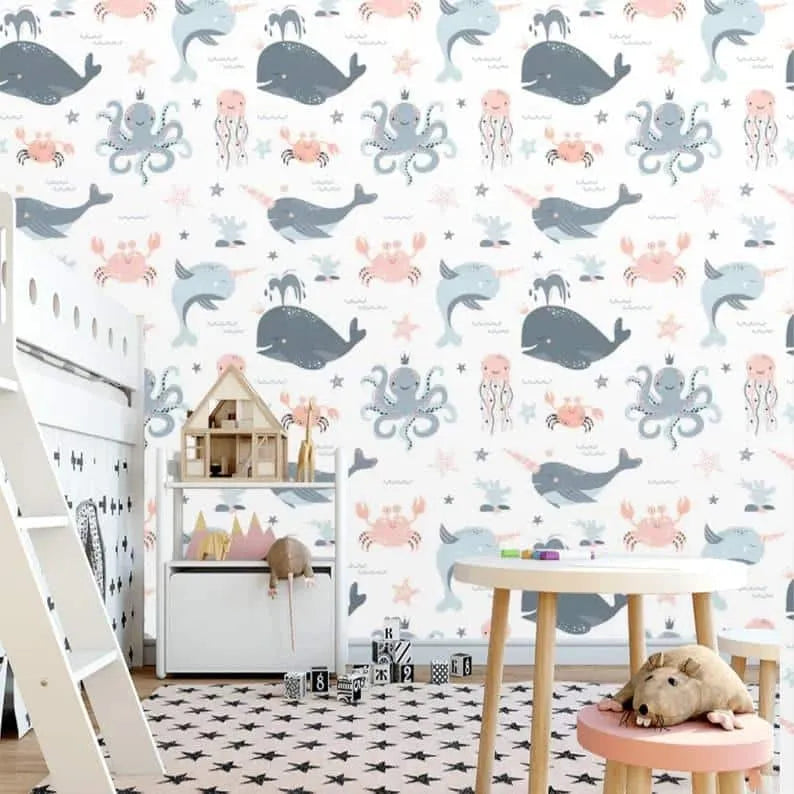 Sea Narwhal Whale and Undersea World Nursery Wallpaper Mural