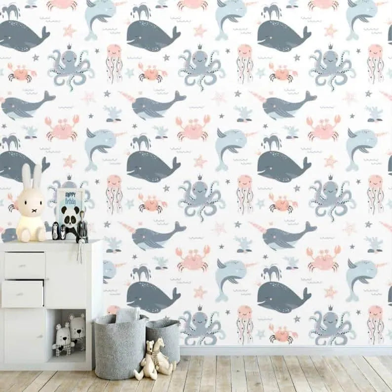 Sea Narwhal Whale and Undersea World Nursery Wallpaper Mural